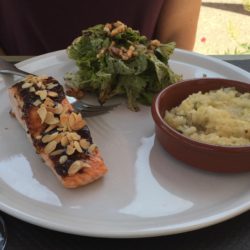 Salmon Almondine with risotto and salad