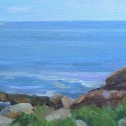 Bass Rocks, Gloucester, oil on canvas, 6"x12"