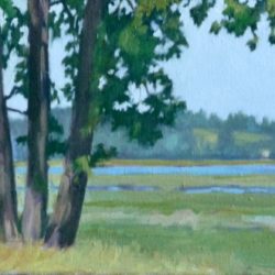 Essex Marsh through Trees, 8"x20", oil on canvas '