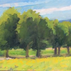 Row of Plane Trees with Sunflowers I, 8"x16", oil on panel