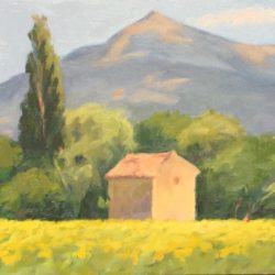 Petit Cabane in Sunflower Field, 6"x9", oil on panel