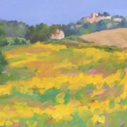 Sunflower Field with Hill Town, 6"x9", oil on panel