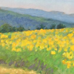 Sunflower Fields with Blue Hills, 6"x9", oil on panel